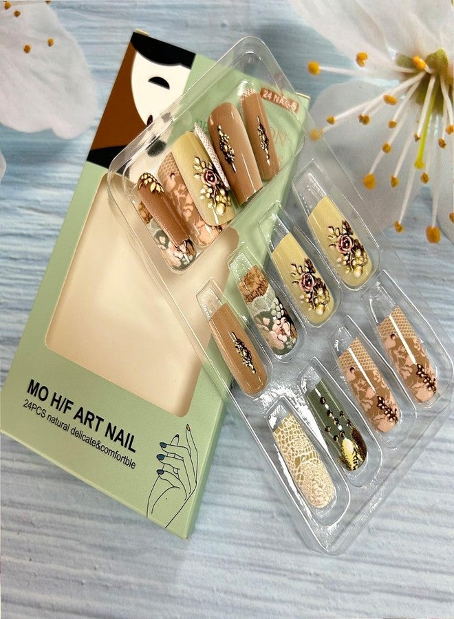 CJDLTS Flower Press on Nails Medium Ballet Shaped Rose Floral Lace Pattern Design Full Cover Glossy Acrylic False Nail Artificial Press Ons Fake Nail DIY Reusable Glue on Nails for Women 24Pcs - Image 4
